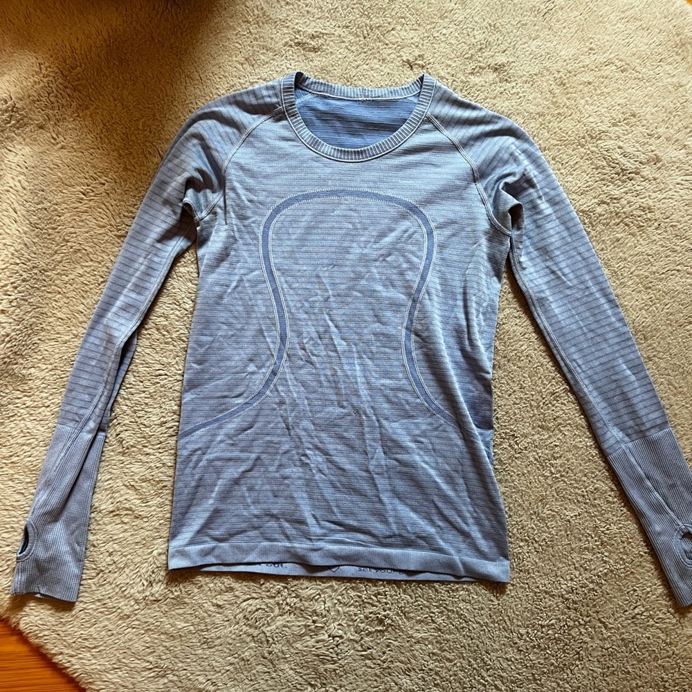 Blue lululemon striped swiftly tech long sleeve shirt